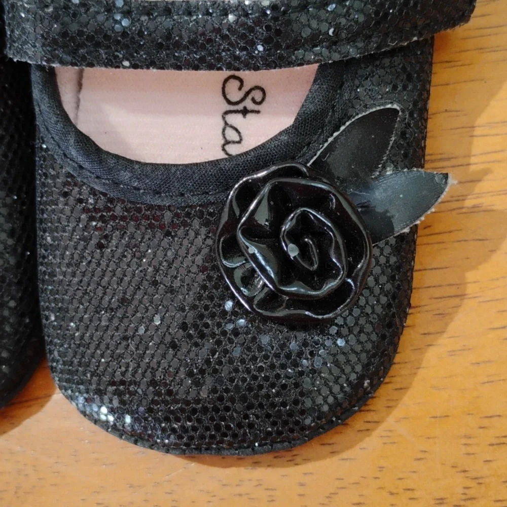 Sparkly Black Baby Shoes With Rose Detail